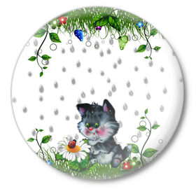 Значок с принтом котёнок ,  металл | круглая форма, металлическая застежка в виде булавки | Тематика изображения на принте: божья коровка | дождик | котёнок | цветы