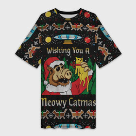 Платье-футболка 3D с принтом Wishing you a meowy catmas ,  |  | 2020 | 2021 | christmas | happy | merry | new year | santa | sweater | ugly christmas | альф | зима | котик | новогодний | новогодняя | новый год | рождественский | рождественский свитер | рождество | санта | свитер | снег