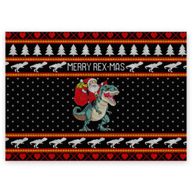 Поздравительная открытка с принтом Merry Rex-mas , 100% бумага | плотность бумаги 280 г/м2, матовая, на обратной стороне линовка и место для марки
 | Тематика изображения на принте: 2020 | 2021 | christmas | dino | happy | merry | new year | rex | santa | sweater | t rex | ugly christmas | динозавр | зима | новогодний | новогодняя | новый год | рождественский | рождественский свитер | рождество | санта | свитер | снег