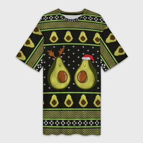 Платье-футболка 3D с принтом Avo christmas ,  |  | Тематика изображения на принте: 2020 | 2021 | avocado | christmas | happy | merry | new year | sweater | ugly christmas | авакадо | зима | новогодний | новогодняя | новый год | рождественский | рождественский свитер | рождество | свитер | снег