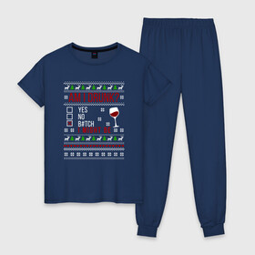 Женская пижама хлопок с принтом Am i drunk? , 100% хлопок | брюки и футболка прямого кроя, без карманов, на брюках мягкая резинка на поясе и по низу штанин | Тематика изображения на принте: 2020 | 2021 | christmas | happy | merry | new year | sweater | ugly christmas | зима | новогодний | новогодняя | новый год | рождественский | рождественский свитер | рождество | свитер | снег