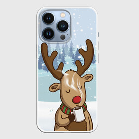 Чехол для iPhone 13 Pro с принтом Олень с кружкой ,  |  | 2021 | new year | деда мороза | зима | к нам приходит | клауса | костюм | новогодний | новый год | праздник | пьёт | рождество | рудольф | санты | снег | снежинки | снежок | согреться | холодно | чай