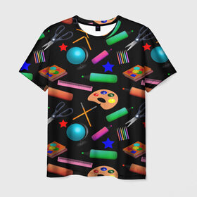 Мужская футболка 3D с принтом Снова в школу , 100% полиэфир | прямой крой, круглый вырез горловины, длина до линии бедер | глобус | карандаш | кисточка | класс | краски | линейка | математика | ножницы | перемена | портфель | физика | школа