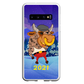 Чехол для Samsung Galaxy S10 с принтом Злой бычара 2021 , Силикон | Область печати: задняя сторона чехла, без боковых панелей | Тематика изображения на принте: 2021 | 7 января | bull | newyear | santa | бык | быки | бычок | год быка | дед мороз | корова | новогодние каникулы | новогодние праздники | новый 2021 | новый год | новый год 2021 | рождество | сани | санта | санта клаус
