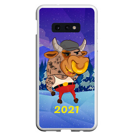 Чехол для Samsung S10E с принтом Злой бычара 2021 , Силикон | Область печати: задняя сторона чехла, без боковых панелей | Тематика изображения на принте: 2021 | 7 января | bull | newyear | santa | бык | быки | бычок | год быка | дед мороз | корова | новогодние каникулы | новогодние праздники | новый 2021 | новый год | новый год 2021 | рождество | сани | санта | санта клаус