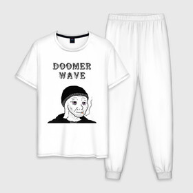 Мужская пижама хлопок с принтом Doomer Wave , 100% хлопок | брюки и футболка прямого кроя, без карманов, на брюках мягкая резинка на поясе и по низу штанин
 | Тематика изображения на принте: 20 | 2020 | 2021 | 21 | 2k20 | 2к20 | doomer | girl | girls | guy | man | mem | meme | memes | wafe | бумер | бумеры | волна | девушка | девушки | думер | думеры | зумер | зумеры | мем | мемы | мужчина | парень