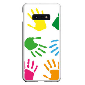 Чехол для Samsung S10E с принтом Цветные ладошки - Детский узор , Силикон | Область печати: задняя сторона чехла, без боковых панелей | Тематика изображения на принте: дети | детский | краска | ладошки | пальцы | радуга | ребенок | руки | след | узор