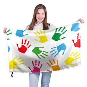 Флаг 3D с принтом Цветные ладошки - Детский узор , 100% полиэстер | плотность ткани — 95 г/м2, размер — 67 х 109 см. Принт наносится с одной стороны | дети | детский | краска | ладошки | пальцы | радуга | ребенок | руки | след | узор