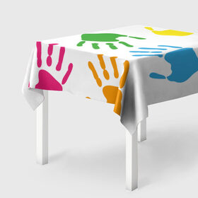 Скатерть 3D с принтом Цветные ладошки - Детский узор , 100% полиэстер (ткань не мнется и не растягивается) | Размер: 150*150 см | Тематика изображения на принте: дети | детский | краска | ладошки | пальцы | радуга | ребенок | руки | след | узор