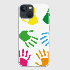 Чехол для iPhone 13 mini с принтом Цветные ладошки   Детский узор ,  |  | дети | детский | краска | ладошки | пальцы | радуга | ребенок | руки | след | узор