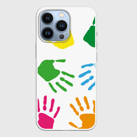 Чехол для iPhone 13 Pro с принтом Цветные ладошки   Детский узор ,  |  | Тематика изображения на принте: дети | детский | краска | ладошки | пальцы | радуга | ребенок | руки | след | узор