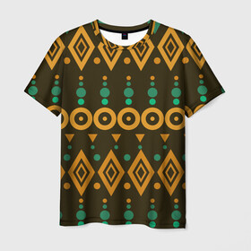 Мужская футболка 3D с принтом Геометрический этнический узор , 100% полиэфир | прямой крой, круглый вырез горловины, длина до линии бедер | геометрия | коричневый | кружочки | народный | оранжевый | паттерн | ромбы | треугольники | узор | этнический