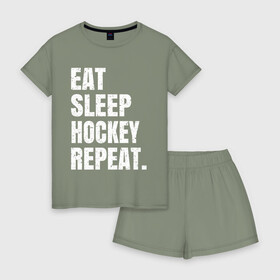 Женская пижама с шортиками хлопок с принтом EAT SLEEP HOCKEY REPEAT , 100% хлопок | футболка прямого кроя, шорты свободные с широкой мягкой резинкой | boston | bruins | capitals | detroit | eat | eat sleep hockey repeat | hockey | nhl | penguins | pittsburgh | red wings | repeat | sleep | washington | вашингтон кэпиталз | нхл | питтсбург пингвинз | хокей | хоккей