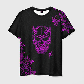 Мужская футболка 3D с принтом Demonic skull , 100% полиэфир | прямой крой, круглый вырез горловины, длина до линии бедер | demon | evil | skull | готический | демон | дьявол | зло | монстр | паук | паутина | рога | скелет | цветы | череп