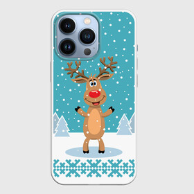 Чехол для iPhone 13 Pro с принтом Иди, обниму   Рудольф ,  |  | Тематика изображения на принте: 2021 | new year | деда мороза | зима | к нам приходит | клауса | костюм | новогодний | новый год | праздник | рога | рождество | рудольф | санты | снег | снежинки | снежок | узоры | холодно