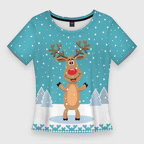 Женская футболка 3D Slim с принтом Иди, обниму  Рудольф ,  |  | 2021 | new year | деда мороза | зима | к нам приходит | клауса | костюм | новогодний | новый год | праздник | рога | рождество | рудольф | санты | снег | снежинки | снежок | узоры | холодно