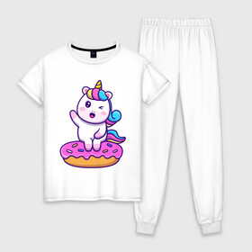 Женская пижама хлопок с принтом Единорог на почнике , 100% хлопок | брюки и футболка прямого кроя, без карманов, на брюках мягкая резинка на поясе и по низу штанин | rainbow | unicorn | единорог | единорожка | на пончике | пони | пончик | радуга | радужный | радужный единорог