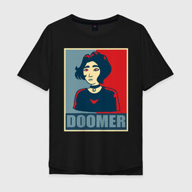 Мужская футболка хлопок Oversize с принтом Doomer girl , 100% хлопок | свободный крой, круглый ворот, “спинка” длиннее передней части | Тематика изображения на принте: 
