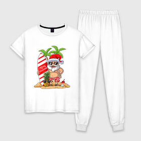 Женская пижама хлопок с принтом Санта В Отпуске , 100% хлопок | брюки и футболка прямого кроя, без карманов, на брюках мягкая резинка на поясе и по низу штанин | Тематика изображения на принте: 