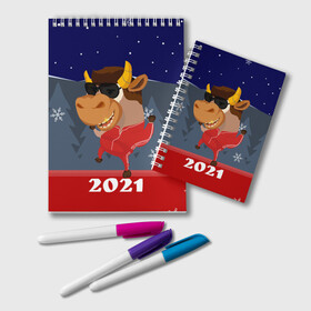 Блокнот с принтом Бычара 2021 , 100% бумага | 48 листов, плотность листов — 60 г/м2, плотность картонной обложки — 250 г/м2. Листы скреплены удобной пружинной спиралью. Цвет линий — светло-серый
 | 2021 | 7 января | bull | newyear | santa | бык | быки | бычок | год быка | дед мороз | корова | новогодние каникулы | новогодние праздники | новый 2021 | новый год | новый год 2021 | рождество | сани | санта | санта клаус