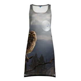 Платье-майка 3D с принтом Сова , 100% полиэстер | полуприлегающий силуэт, широкие бретели, круглый вырез горловины, удлиненный подол сзади. | owl | луна | ночь | птица | сова | фэнтези