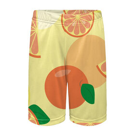 Детские спортивные шорты 3D с принтом Апельсиновый летний узор ,  100% полиэстер
 | пояс оформлен широкой мягкой резинкой, ткань тянется
 | Тематика изображения на принте: апельсин | апельсиновый | летний | оранжевый | паттерн | узор | фруктовый