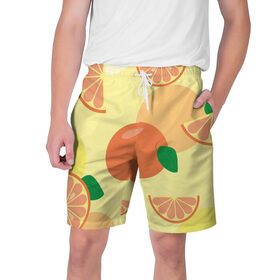 Мужские шорты 3D с принтом Апельсиновый летний узор ,  полиэстер 100% | прямой крой, два кармана без застежек по бокам. Мягкая трикотажная резинка на поясе, внутри которой широкие завязки. Длина чуть выше колен | апельсин | апельсиновый | летний | оранжевый | паттерн | узор | фруктовый