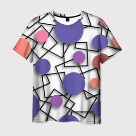 Мужская футболка 3D с принтом Геометрический узор , 100% полиэфир | прямой крой, круглый вырез горловины, длина до линии бедер | 3д эффект | графика | квадраты | объемные фигуры | разноцветные круги