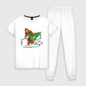 Женская пижама хлопок с принтом Рождественский Йети , 100% хлопок | брюки и футболка прямого кроя, без карманов, на брюках мягкая резинка на поясе и по низу штанин | 