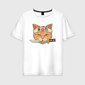 Женская футболка хлопок Oversize с принтом Кот Самурай , 100% хлопок | свободный крой, круглый ворот, спущенный рукав, длина до линии бедер
 | 2077 | cat | cats | cyberpunk | japan | neko | samurai | yakuza | катана | кот | коты | кошка | самурай | харакири | якудза | япония
