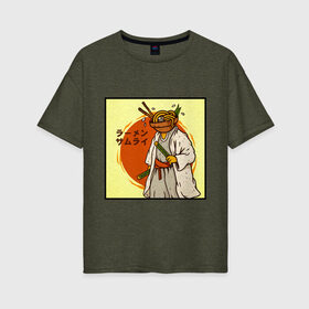 Женская футболка хлопок Oversize с принтом Съедобный самурай , 100% хлопок | свободный крой, круглый ворот, спущенный рукав, длина до линии бедер
 | Тематика изображения на принте: japan | katana | ramen | samurai | катана | лапша | рамен | самурай | япония