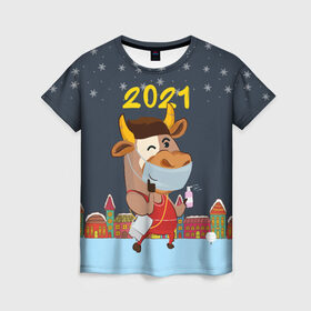 Женская футболка 3D с принтом Коронавирусный Новый Год , 100% полиэфир ( синтетическое хлопкоподобное полотно) | прямой крой, круглый вырез горловины, длина до линии бедер | 2021 | 7 января | bull | newyear | santa | бык | быки | бычок | год быка | дед мороз | корова | новогодние каникулы | новогодние праздники | новый 2021 | новый год | новый год 2021 | рождество | сани | санта | санта клаус