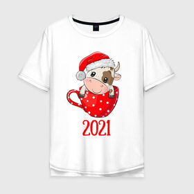 Мужская футболка хлопок Oversize с принтом Милый новогодний бычок 2021 , 100% хлопок | свободный крой, круглый ворот, “спинка” длиннее передней части | Тематика изображения на принте: 2021 | 7 января | bull | newyear | santa | бык | быки | бычок | год быка | дед мороз | корова | новогодние каникулы | новогодние праздники | новый 2021 | новый год | новый год 2021 | рождество | сани | санта | санта клаус