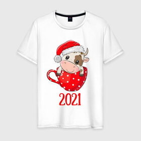 Мужская футболка хлопок с принтом Милый новогодний бычок 2021 , 100% хлопок | прямой крой, круглый вырез горловины, длина до линии бедер, слегка спущенное плечо. | 2021 | 7 января | bull | newyear | santa | бык | быки | бычок | год быка | дед мороз | корова | новогодние каникулы | новогодние праздники | новый 2021 | новый год | новый год 2021 | рождество | сани | санта | санта клаус
