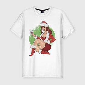 Мужская футболка хлопок Slim с принтом Pin Up Girl Christmas , 92% хлопок, 8% лайкра | приталенный силуэт, круглый вырез ворота, длина до линии бедра, короткий рукав | christmas | drawing | girl | new year | pin up | девушка | новый год | пин ап | рисунок | рождество | снегурочка