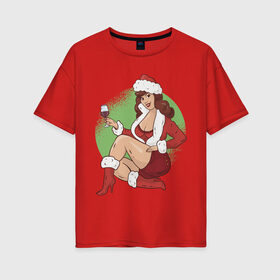 Женская футболка хлопок Oversize с принтом Pin Up Girl Christmas , 100% хлопок | свободный крой, круглый ворот, спущенный рукав, длина до линии бедер
 | christmas | drawing | girl | new year | pin up | девушка | новый год | пин ап | рисунок | рождество | снегурочка