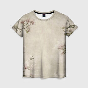 Женская футболка 3D с принтом Цветущая сакура. , 100% полиэфир ( синтетическое хлопкоподобное полотно) | прямой крой, круглый вырез горловины, длина до линии бедер | акварель. | бабочки | гуашь | розы | сакура | тушь | цветы | чернила | япония | японская живопись