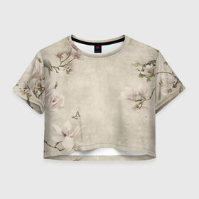 Женская футболка Crop-top 3D с принтом Цветущая сакура. , 100% полиэстер | круглая горловина, длина футболки до линии талии, рукава с отворотами | акварель. | бабочки | гуашь | розы | сакура | тушь | цветы | чернила | япония | японская живопись