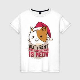 Женская футболка хлопок с принтом Рождественский котик , 100% хлопок | прямой крой, круглый вырез горловины, длина до линии бедер, слегка спущенное плечо | 