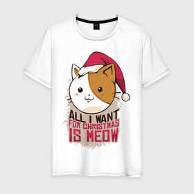 Мужская футболка хлопок с принтом Рождественский котик , 100% хлопок | прямой крой, круглый вырез горловины, длина до линии бедер, слегка спущенное плечо. | 