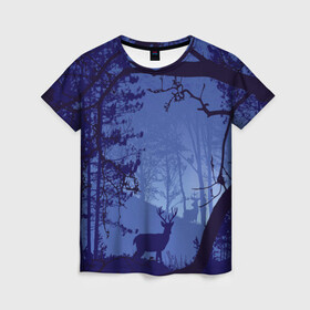 Женская футболка 3D с принтом ЛЕС , 100% полиэфир ( синтетическое хлопкоподобное полотно) | прямой крой, круглый вырез горловины, длина до линии бедер | закат | лес | ночной лес | олень | природа | туман