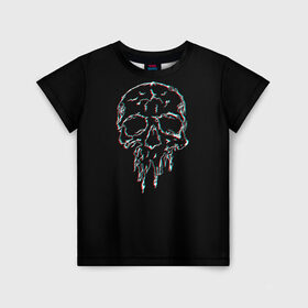 Детская футболка 3D с принтом Skull Glitch , 100% гипоаллергенный полиэфир | прямой крой, круглый вырез горловины, длина до линии бедер, чуть спущенное плечо, ткань немного тянется | bone | glitch | graffite | neon | skull | глитч | голова | граффити | кости | кость | неон | полосы | рисунок | человек | череп