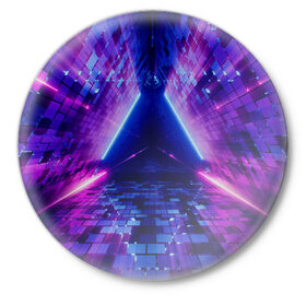 Значок с принтом Неоновый туннель ,  металл | круглая форма, металлическая застежка в виде булавки | Тематика изображения на принте: геометрия | лазер | неон | розовый | свет | синий | треугольник | фигура | фиолетовый | цвета