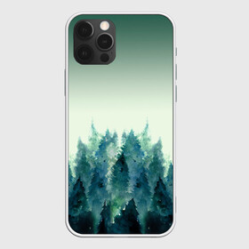 Чехол для iPhone 12 Pro с принтом акварельный лес градиент , силикон | область печати: задняя сторона чехла, без боковых панелей | Тематика изображения на принте: акварель | горы | деревья | дымка | ели | лес | нрадиент | олень | отражение | природа | рисунок | силуэты