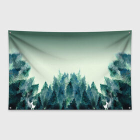 Флаг-баннер с принтом акварельный лес градиент , 100% полиэстер | размер 67 х 109 см, плотность ткани — 95 г/м2; по краям флага есть четыре люверса для крепления | акварель | горы | деревья | дымка | ели | лес | нрадиент | олень | отражение | природа | рисунок | силуэты