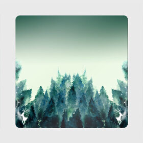 Магнит виниловый Квадрат с принтом акварельный лес градиент , полимерный материал с магнитным слоем | размер 9*9 см, закругленные углы | акварель | горы | деревья | дымка | ели | лес | нрадиент | олень | отражение | природа | рисунок | силуэты