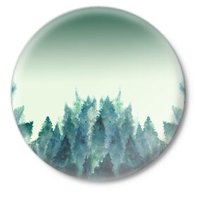 Значок с принтом акварельный лес градиент ,  металл | круглая форма, металлическая застежка в виде булавки | Тематика изображения на принте: акварель | горы | деревья | дымка | ели | лес | нрадиент | олень | отражение | природа | рисунок | силуэты