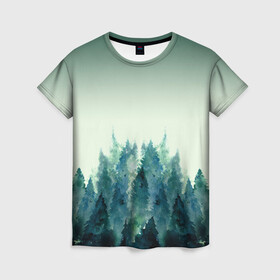 Женская футболка 3D с принтом акварельный лес градиент , 100% полиэфир ( синтетическое хлопкоподобное полотно) | прямой крой, круглый вырез горловины, длина до линии бедер | Тематика изображения на принте: акварель | горы | деревья | дымка | ели | лес | нрадиент | олень | отражение | природа | рисунок | силуэты