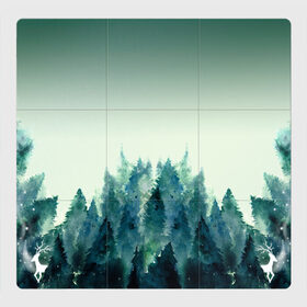 Магнитный плакат 3Х3 с принтом акварельный лес градиент , Полимерный материал с магнитным слоем | 9 деталей размером 9*9 см | акварель | горы | деревья | дымка | ели | лес | нрадиент | олень | отражение | природа | рисунок | силуэты