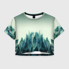 Женская футболка Crop-top 3D с принтом акварельный лес градиент , 100% полиэстер | круглая горловина, длина футболки до линии талии, рукава с отворотами | Тематика изображения на принте: акварель | горы | деревья | дымка | ели | лес | нрадиент | олень | отражение | природа | рисунок | силуэты
